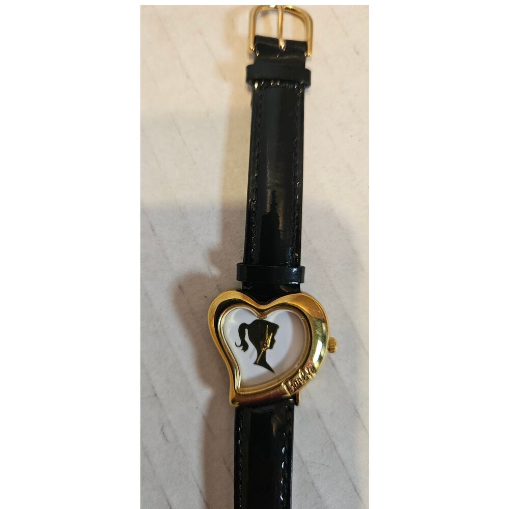 Barbie VTG 1996 Nostalgia Heart-shaped gold-tone wristwatch Black Patent leather